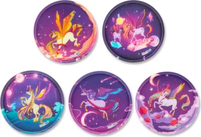 A collage of five round patches or stickers, each featuring a different illustration of a winged unicorn in a starry, cosmic setting.