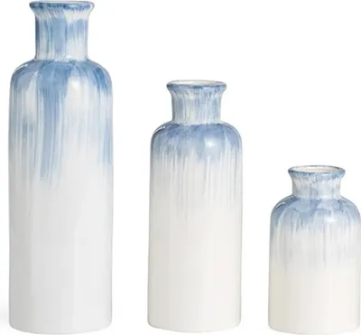 Productafbeelding van Famanu Keramische vaas met vintage design - Set van 3 blauwe bloemenvazen