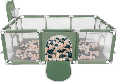 Produktbild von Selonis Laufstall Baby Großer Spielplatz Mit 100 Bälle Laufgitter Für Kinder, Grün:Dunkeltürkis/Pastellbeige/Perle