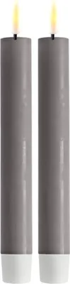 Two gray LED candles with white bases and lit wicks stand side-by-side against a white background.