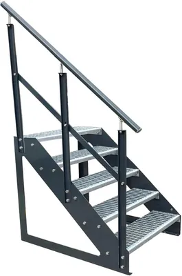 Produktbild von Gitterrost Stahl Freistehende Treppe 5 Stufen Verzinkt & Anthrazit Pulverlackierte Seiten + Geländer Links - (L x B x H) 101cm x 100cm x 95cm