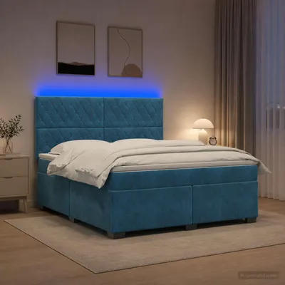 Immagine prodotto di Letto matrimoniale con boxspring e materasso, imbottitura in velluto, con testiera blu, dimensioni 140 x 190 cm