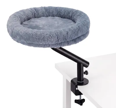Productafbeelding van Fudajo kattenbed voor op het bureau, 40 x 40 cm, donkergrijs, belastbaar tot 15 kg, kattenmand met klemmechanisme, knuffelbed met pluche en speeltje