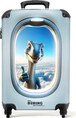 Obrázok produktu pre NoBoringSuitcases.com Detský kufor na príručnú batožinu 55x35x20 cm, 36L, detské potlače pre chlapcov: Modrý - Dino na lietadle, kufor so 4 kolieskami