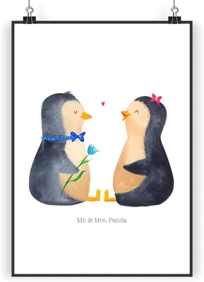 Produktbild von Mr. & Mrs. Panda Bild Pinguin Pärchen DIN A3 - Weiß - Geschenk, Liebe, Wandbild, wanddeko, drucke, Posterdruck, Hochzeitsgeschenk, Verknallt, Hochzeitstag, Kunstdruck