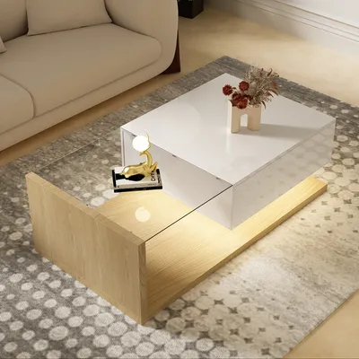 Produktbild von MODFU Couchtische Weiß mit LED,Hochglanz-Wohnzimmertisch,Rechteckiger Beistelltisch mit Glasfür Wohnzimmer, Schlafzimmer,Holzfarbe