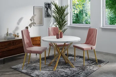 Produktbild von Runder Ausziehbarer Esstisch mit Goldenen X-Gestell Beinen - ⌀ 120-200 cm - Loft Industriell Design - für 8-12 Personen - Weiß