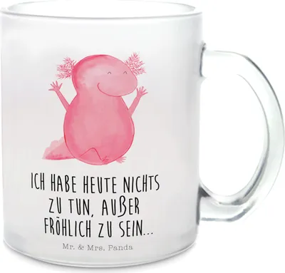 Produktbild von Mr. & Mrs. Panda Teetasse Axolotl Hurra - Transparent - Geschenk, Lurch, Freude, Tee Tasse, aus Glas, Haferl, Trinkglas, Henkeltasse, Zufriedenheit