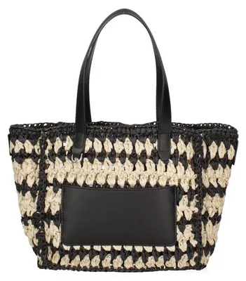 Image de Sac tressé, noir et beige, avec des poignées en cuir recyclé, dimensions 32x21 cm