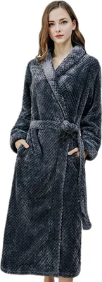 Produktbild von Winternachthemd für Paare, dickes Korallenvlies, warm, mit Schnürung, verstellbarem Gürtel, Umlegekragen, Taschen, gute Wasseraufnahme, mittellang, Damen-Homewear, Spa-Hotel-Bademantel