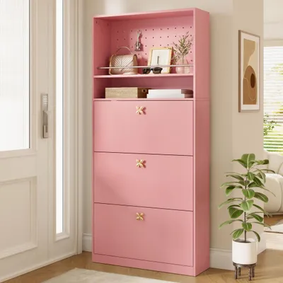 Produktbild von Moderner schmaler Schuhschrank mit 3 Klappfächern, 2 offenen Ablagen, Lochwand & goldfarbenen Kleeblatt-Griffen, Rosa, 80x24x178,5cm
