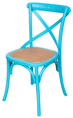 Produktbild von Stuhl Cross aus Massivholz und Sitzfläche aus Rattan in antikem Hellblau