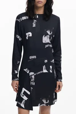 Produktbild von Schwarzes kurzes Damenkleid mit Muster und kontrastreichen Details