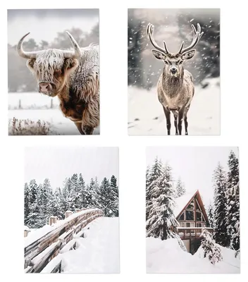 4er-Set Winter-Wandbilder, rahmenlos, 20x30 cm, Hirsch & Highland-Rind