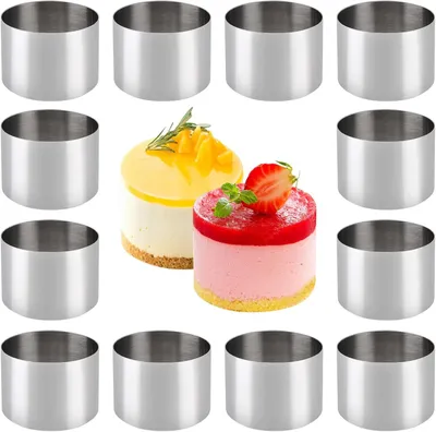 Produktbild von Dessertringe und Lebensmittelförmchen – Set mit 12 Stück – Servierringe – Edelstahl – Runde Mousseformen – Backformen – Tortenformen