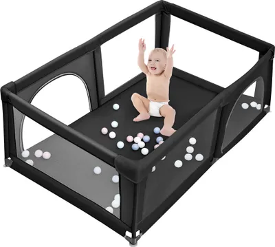 Image de Parc pour bébés Parc 180*120*66cm avec 50 boules avec filet respirant Barrière de sécurité bébé Set Noir