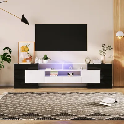 Produktbild von MODFU Lowboard TV-Schrank mit LED-Beleuchtung, Lange 200cm Fernsehtisch Wohnzimmerschränke TV-Möbel TV-Regal für Fernseher bis zu 90Zoll für Wohnzimmer, Esszimmer und Schlafzimmer, Schwarz und weiß