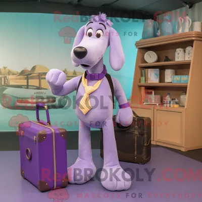 Productafbeelding van Lavendelhond REDBROKOLY mascottekostuum gekleed met een capribroek en aktetassen