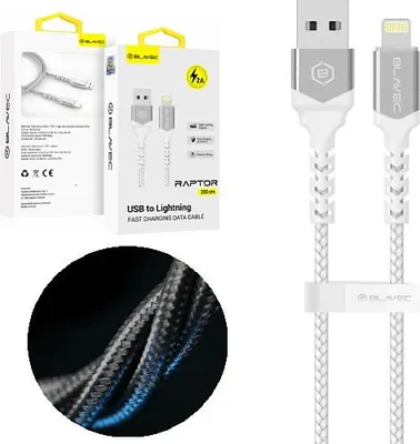 Produktbild von Daten-/Ladekabel - USB-A auf Lightning (3m) - RAPTOR Nylon silber ummantelt