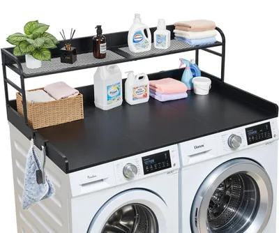 Produktbild von Arbeitsplatte für Waschmaschine und Trockner - Abdeckplatte - 137 x 69,9 cm - Mit Haken und Ablage - Bis 113 kg belastbar - Schwarz