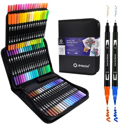 Produktbild von Dual Brush Pen Set 72 Farben mit Tragetasche, Filzstifte Dicke und Dünne, Pinselstifte für Bullet Journal, Kalligraphie, Manga, Malbücher, Handlettering