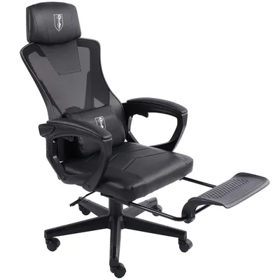 A black gaming chair with a headrest, lumbar support, and an extended footrest, shown from a three-quarter angle against a white background.