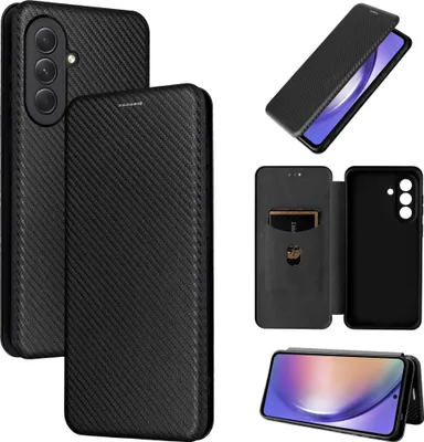 Image de Étui en similicuir pour Samsung Galaxy A57 5G, texture fibre de carbone, noir