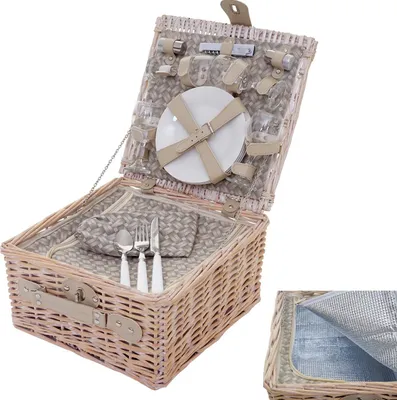 Produktbild von Picknickkorb-Set für 4 Personen, Picknicktasche + Kühlfach, Porzellan Glas Edelstahl, beige