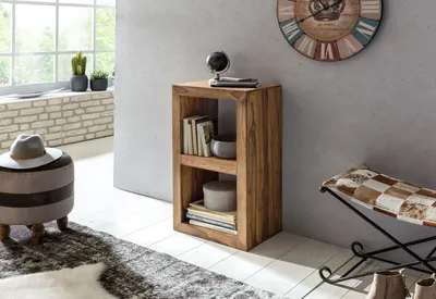 Produktbild von Półka mumbai z litego drewna sheesham 88cm wysoka 2 półki projekt drewniana półka naturalny produkt stolik w stylu wiejskim | Wohnling
