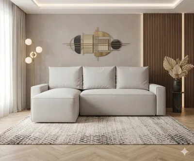 Produktbild von CORNERO Ecksofa mit Schlaffunktion HAVANA in L-Form Sofa mit Schlaffunktion und Bettkasten EckcouchEcksofa L-Form Hellbeige Ottomane links
