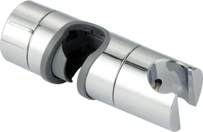 A close-up studio shot of a chrome-plated shower head holder.