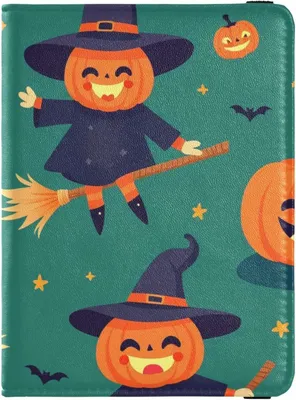 Immagine prodotto di Custodia per passaporto in pelle con motivo di Halloween, con zucca e strega in verde, ideale per viaggi, come custodia per il di vaccinazione, come protezione e portacarte, impermeabile, per donna