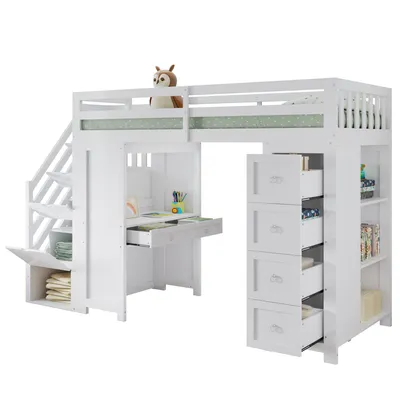 Produktbild von Hochbett mit Schreibtisch, Regal, Schubladen, Treppe, Schrank, Lattenrost und Rausfallschutz, 90x200 cm, Holzbett