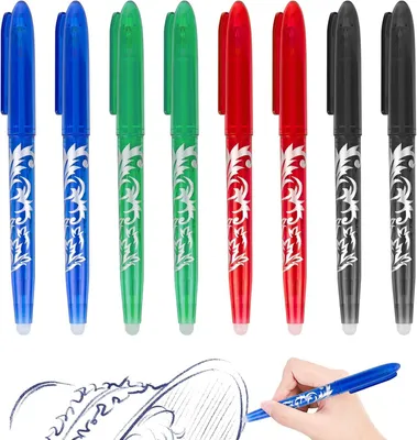 Produktbild von Radierbarer Kugelschreiber Set 8 Stück, 0.5 mm, Gelschreiber mit Radierer, blau schwarz rot grün, für Schule