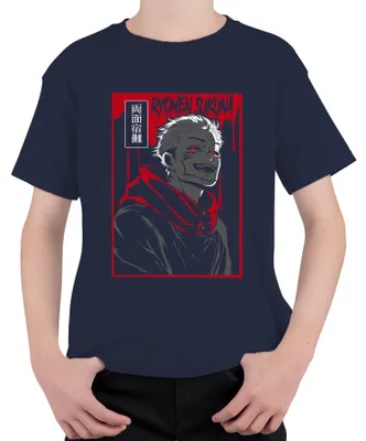 Imagen del producto de Camiseta de manga corta uni para niños, diseño de Ryomen Sukuna de Jujutsu Kaisen, estilo anime, color azul marino, talla 116