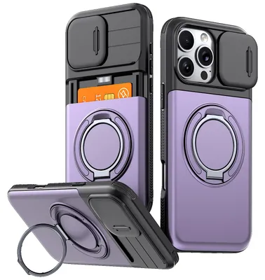 Image de Coque de protection pour iPhone 16 Pro Max avec porte-cartes, protection coulissante pour l'appareil photo, support à anneau et protection anti-chocs, couleur violette