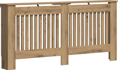 A wooden radiator cover with a slatted front.