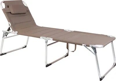 A taupe upholstered chaise lounge with a silver metal frame, shown from a side-angle against a white background.
