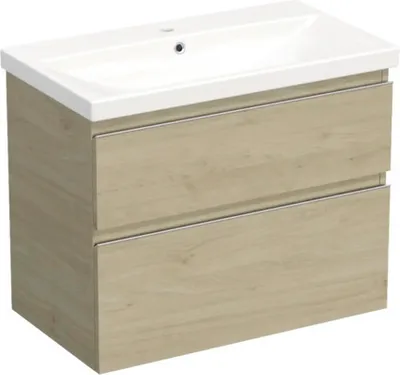 Produktbild von Jungborn Waschplatz TRENTA BxHxT 80x65x45 cm kendal eiche natur mit Keramik-Waschtisch Griffleiste chrom matt