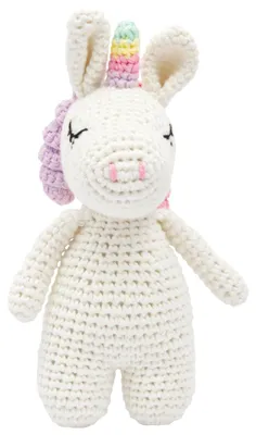 Produktbild von Handgestricktes Einhorn gehäkelt aus Baumwolle Spielzeug 16 cm