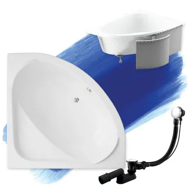 Zdjęcie produktu dla Wanna Akrylowa Zestaw 4w1 Asymetryczna 150x150 Biała + Zabudowa Styropianowa, Nowoczesny Premium Syfon i Nogi (stelaż) w komplecie | BADLAND STANDARD