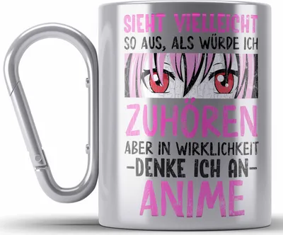 Produktbild von Trendation -  Anime Edelstahl Tasse Karabiner Geschenk Spruch Karabiner Edelstahl Tasse Karabiner Edelstahl Geschenke Deko Anme Fan Sieht So Aus Als Würde Ich Dir Zuhören (Silber)