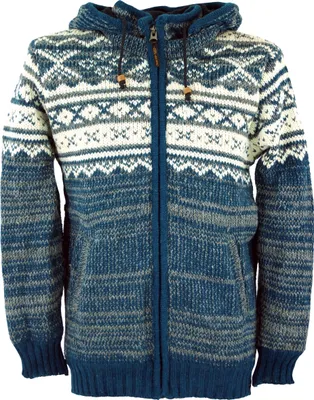Produktbild von Uni Strickjacke mit Norwegermuster, Wolljacke, Nepaljacke Blau - Modell 22, Herren, Wolle, Größe: L