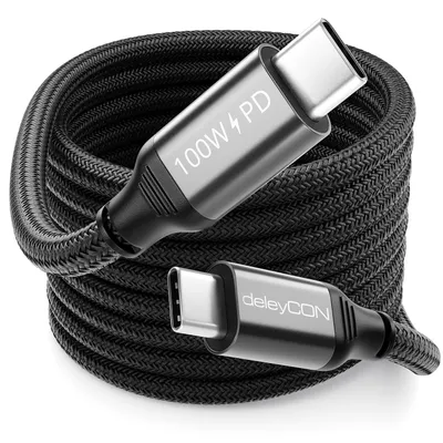 A coiled black USB-C cable with silver connectors.