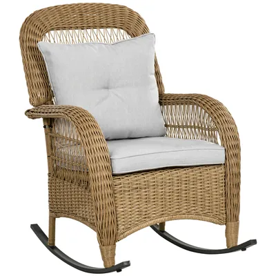 Produktbild von Outsunny Rattan Schaukelstuhl, Schaukelsessel mit Kissen, Gartenstuhl mit Waschbaren Polsterbezüge, Loungemöbel für Hinterhof, Garten, Terrassen, Gelb, 69 x 92 x 100 cm