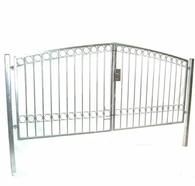 A silver metal double gate with a white background.