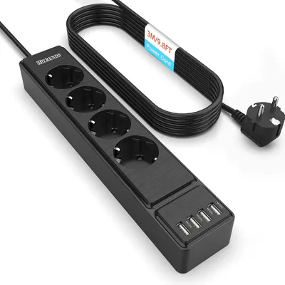 Obrázek produktu pro Zásuvková lišta se 4 zásuvkami - Zásuvková lišta s 3 metrovým kabelem - Ochrana proti přepětí s 4 zásuvkami (2500 W/10) - Pro domácí použití
