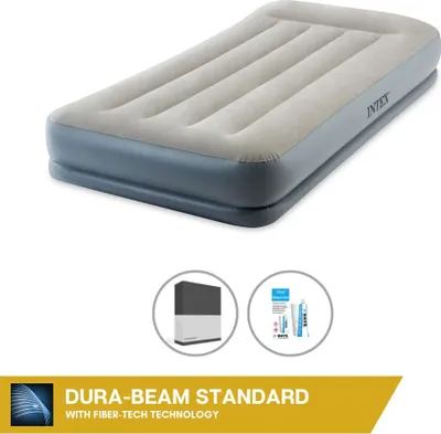 Produktbild von Intex Luftbett - 1 Person - 99 x 191 x 30 cm - Grau - Mit eingebauter Pumpe + Spannbettlaken Schwarz + Reperaturset