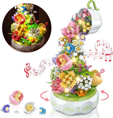 Produktbild von Blumen Musikbox aus Bausteinen, Kreatives Licht & Musik Set, 575 Teile, ABS Bauklötze, Geschenk & Dekoration, Romantisches Spielzeug