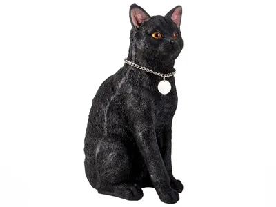 A black cat figurine with a silver chain and tag sits on a white background.